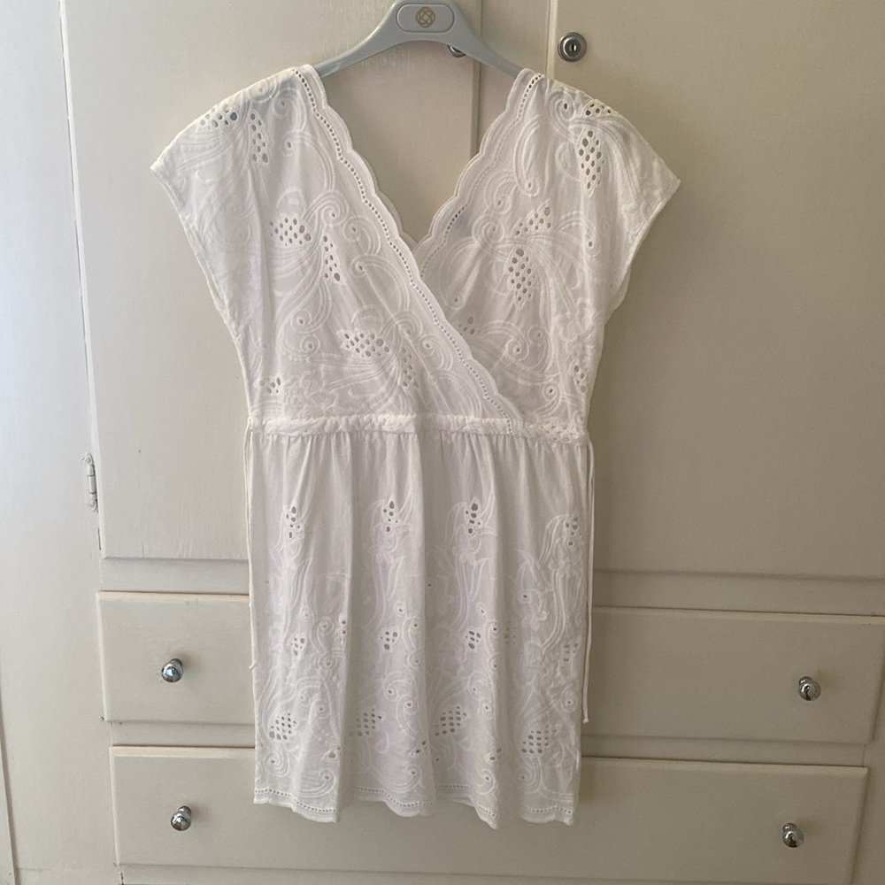 Cabi White Cotton V Neck Eyelet Swim Beach Pool Cover Up Dress Adjustable XS